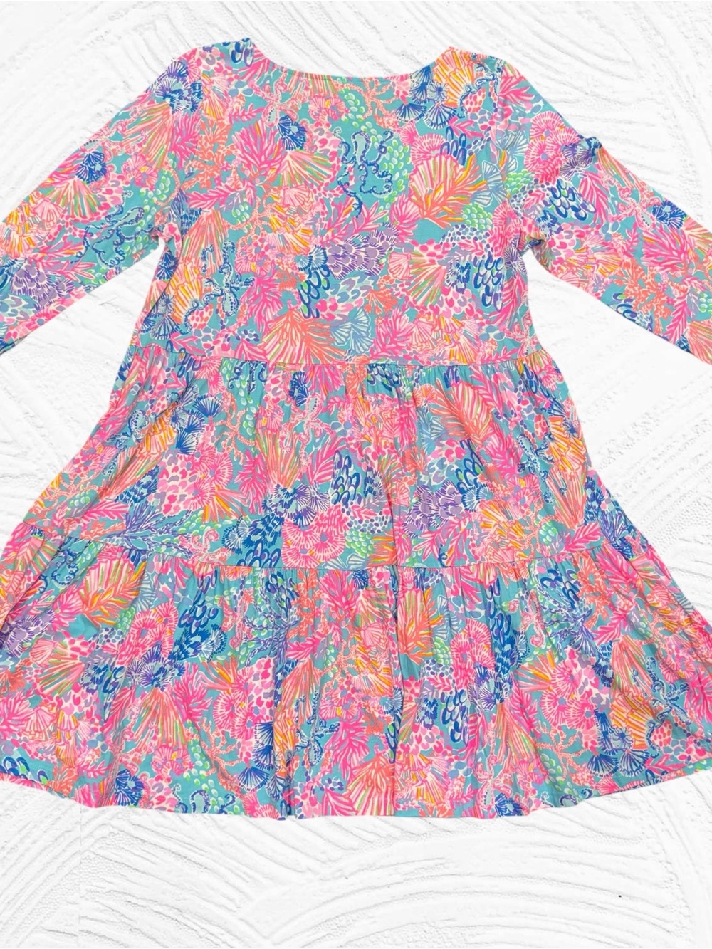 Lilly Pulitzer‎ XL  Geanna 3/4 Sleeve Swing Dress Coastal Coral Tiered Cotton - Picture 3 of 5
